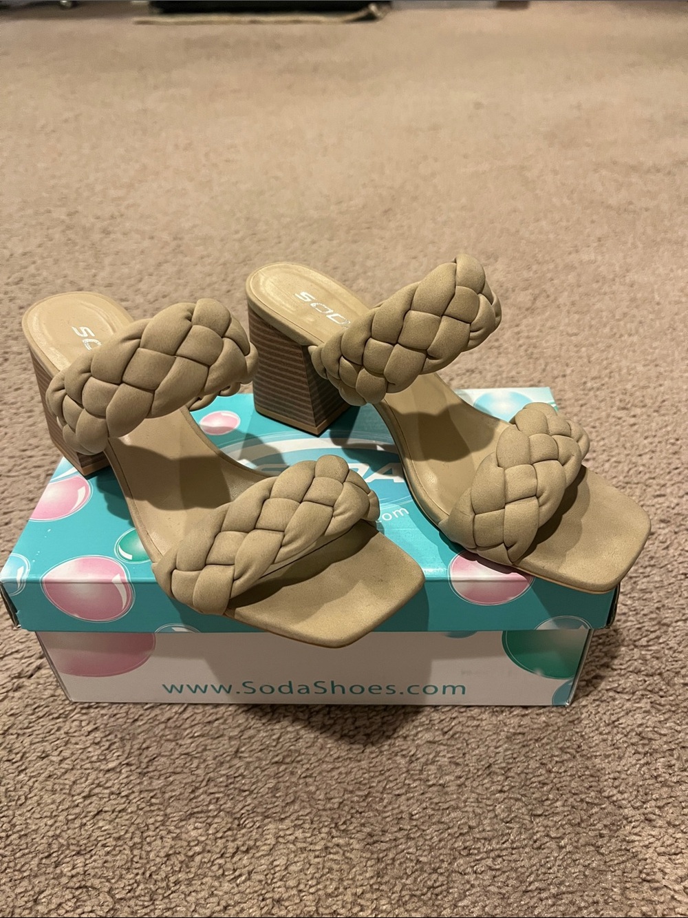 Soda Braided Double-Strap Block Heel Sandals in Taupe